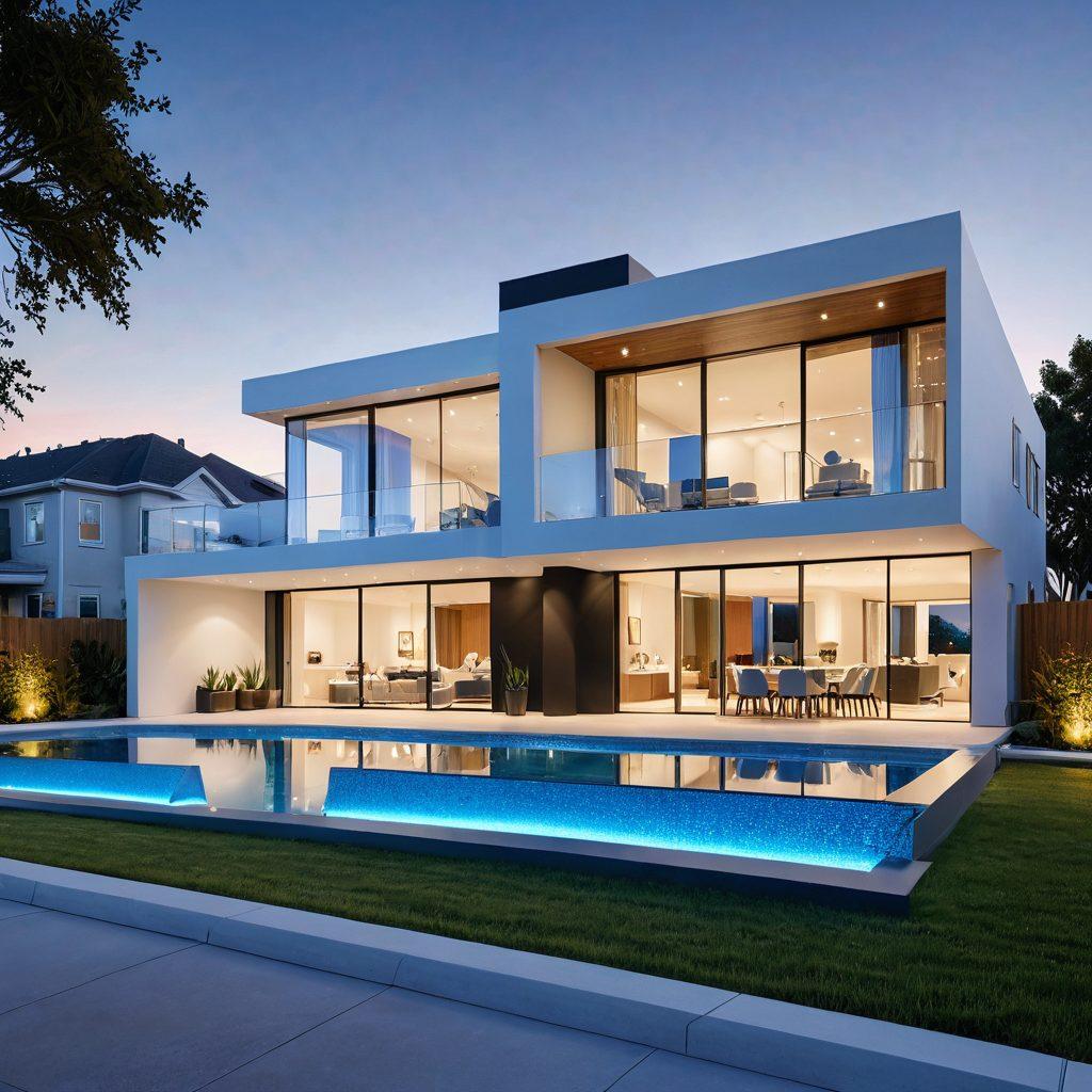 A professional setting depicting a sparkling modern home surrounded by protective digital shields, representing insurance coverage. Include images of valued belongings like jewelry, electronics, and art displayed prominently, emphasizing their protection. The background should feature a serene neighborhood with a clear blue sky symbolizing peace of mind. super-realistic. vibrant colors. 3D.