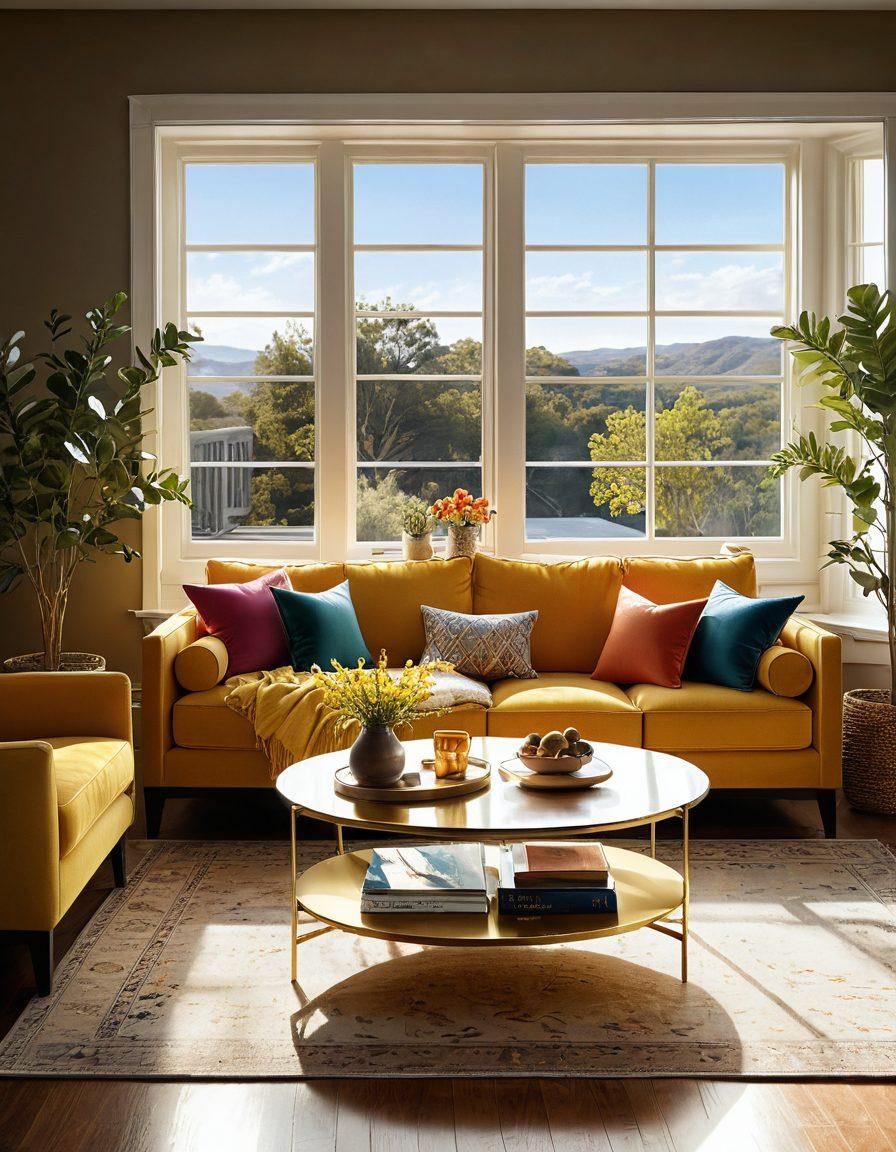 A cozy living room scene featuring various furniture items like a plush sofa, a stylish coffee table, and decorative pillows. In the background, a family is happily engaged in a discussion while a shield symbol hovers gently above the space, representing protection. Sunlight streams through a window, creating a warm and inviting atmosphere. super-realistic. vibrant colors.