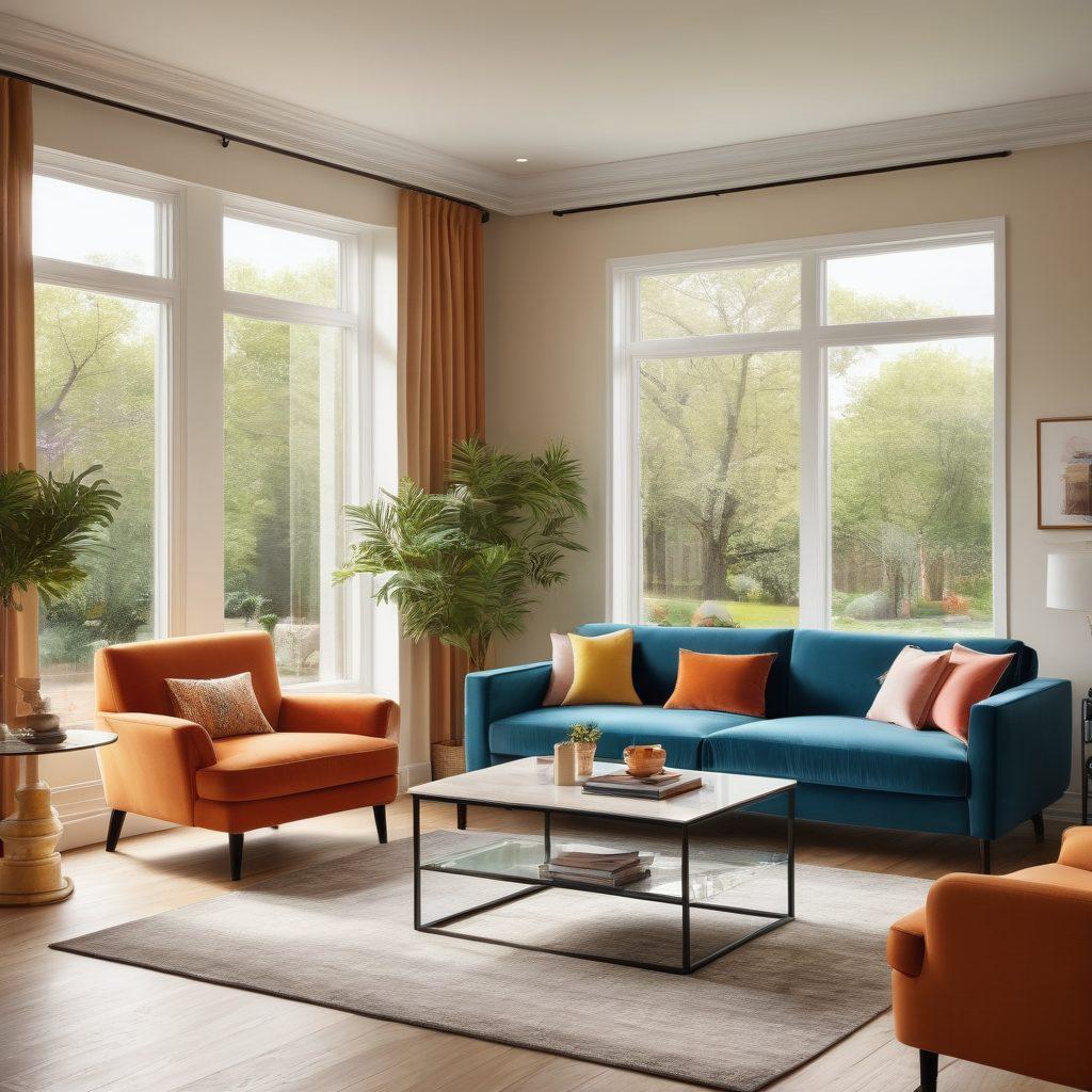 A cozy living room showcasing a variety of stylish furniture pieces, including a plush sofa, elegant dining set, and decorative items, all under a protective glass shield symbolizing insurance. In the background, a warm home atmosphere with sunlight filtering through the windows, and a subtle imagery of a document labeled 'Furniture Insurance' on a coffee table. The scene conveys a sense of security and protection for personal belongings. vibrant colors. super-realistic.